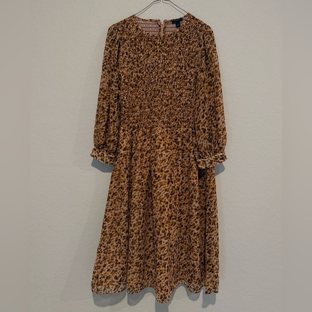 Ann Taylor Pink and Brown Smocked Long Sleeve Patterned MIDI Dress 6P